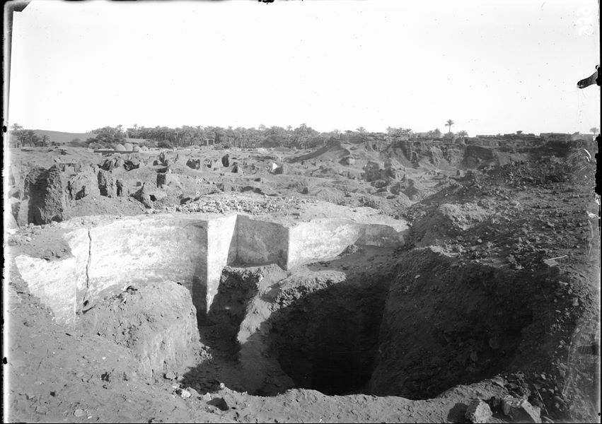 Excavation area of the site. The structure visible could be identified as cistern No. 2; a name given during the German excavations which followed those of the Italians. Schiaparelli excavations.