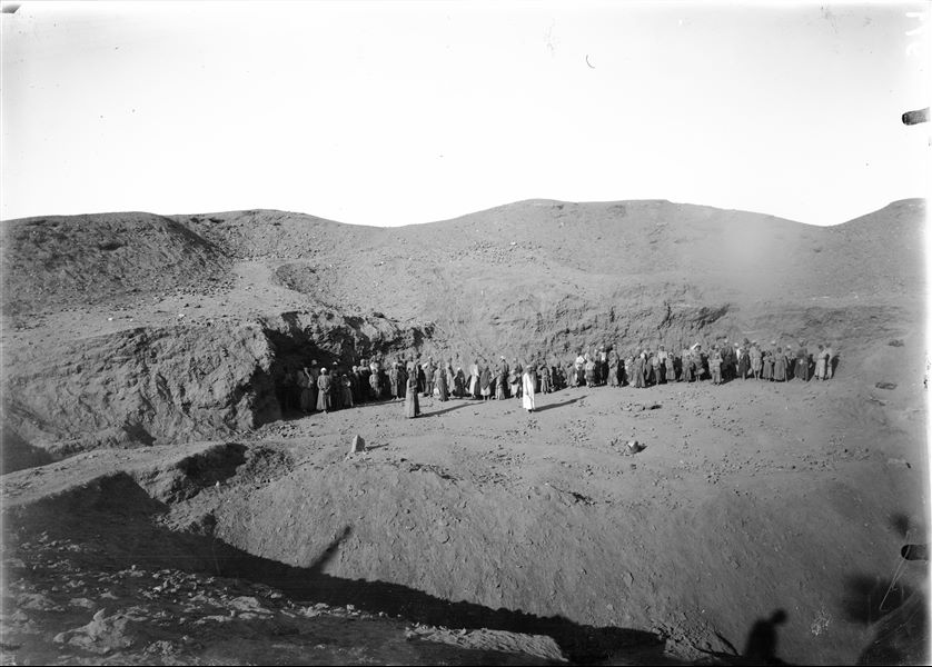 Workers posing for the camera during a rest break whilst excavating at the site. Schiaparelli excavations.