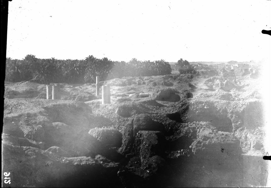 Excavation area of the site, there are several columns without capitals visible. Possibly part of an agora or a Christian basilica. Schiaparelli excavations.