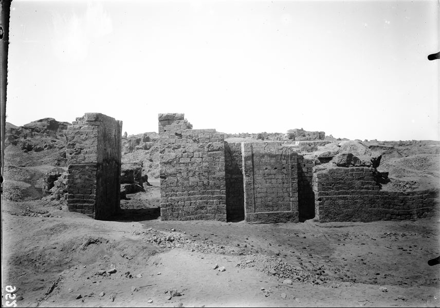 Front view of the remains of the temple of Amun (and Thoth), inside the sacred enclosure of the sanctuary of Thoth. Schiaparelli excavations.