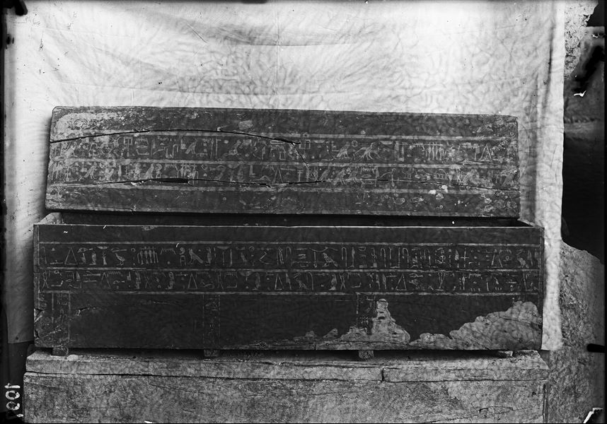Coffin datable to the Middle Kingdom, photographed near the camp. S. 8918. West side. Schiaparelli excavations. 