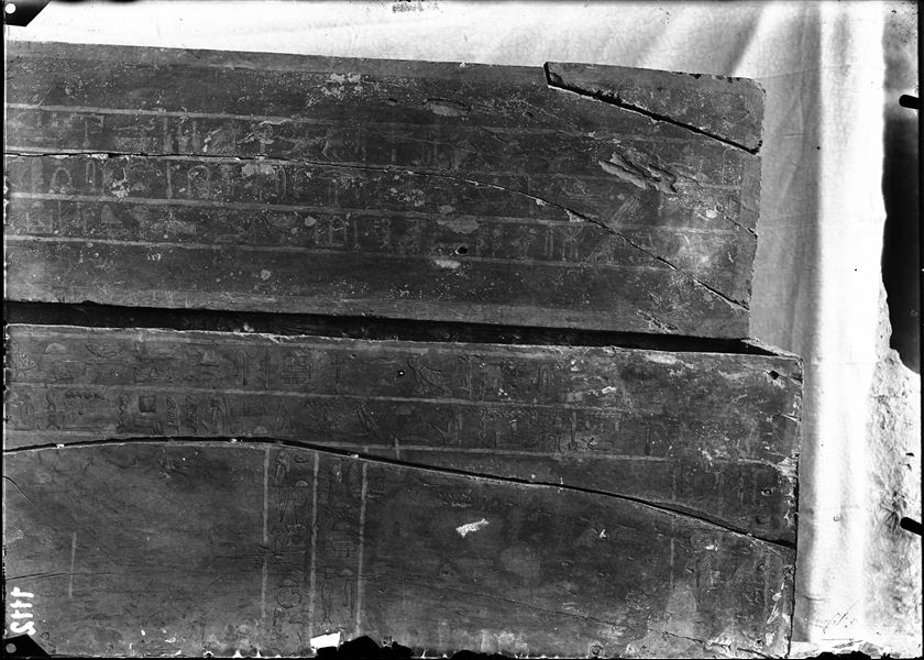 Coffin datable to the Middle Kingdom, photographed near the camp. Lid and west side. Schiaparelli excavations. 