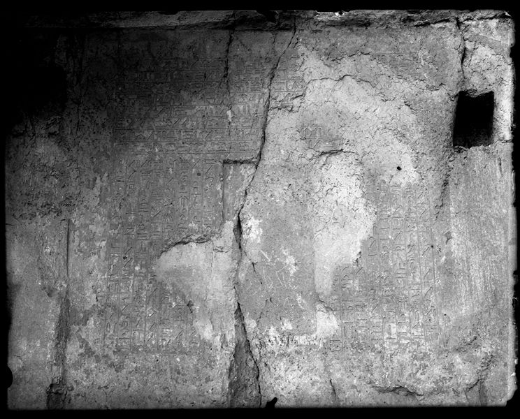 Tomb wall with hieroglyphs, tomb yet to be identified, in the necropolis of Asyut. Schiaparelli excavations.