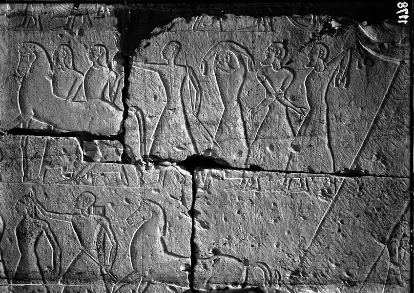 External wall (north and west) from the temple of Ramesses II at Abydos, scenes from the battle of Kadesh, rows of prisoners marching.
