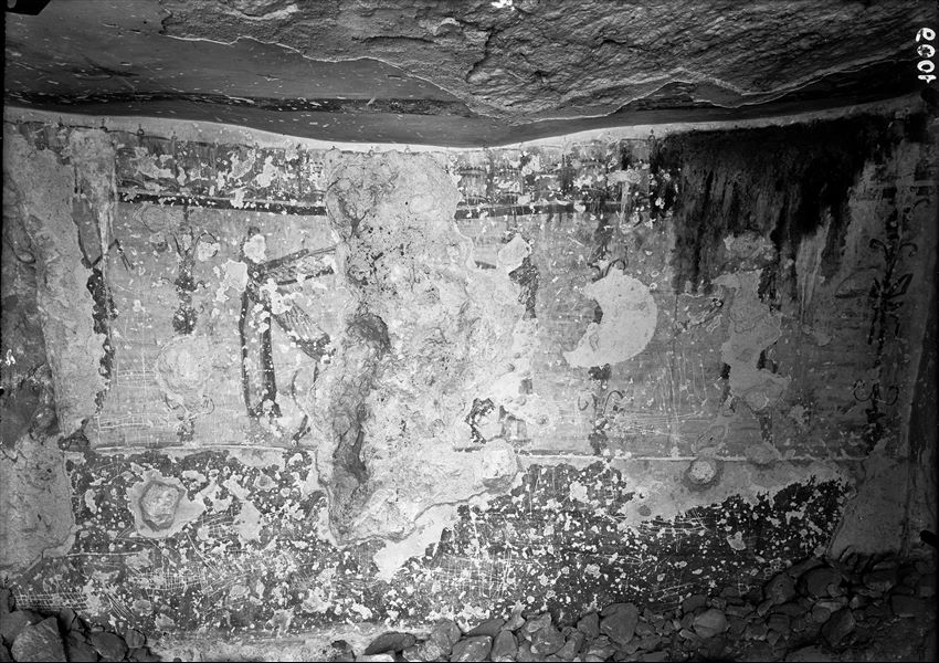 Greco-Roman period paintings with winged deity, presumably near the caves of Qau el-Kebir (?) or in an unidentified tomb. Schiaparelli excavations.