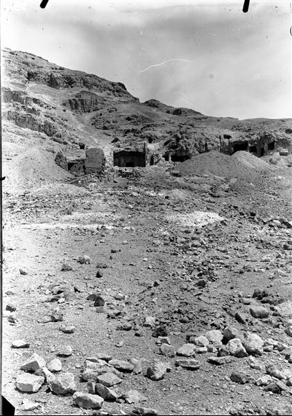Tomb of Wahka II. To the west (left) the remains of the masonry of the so-called Greek tomb are visible. Schiaparelli excavations.
