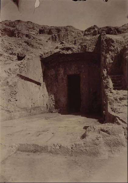 Entrance to the rock-carved rooms of the monumental tomb of Governor Wahka II, cleared of debris. Schiaparelli excavations.