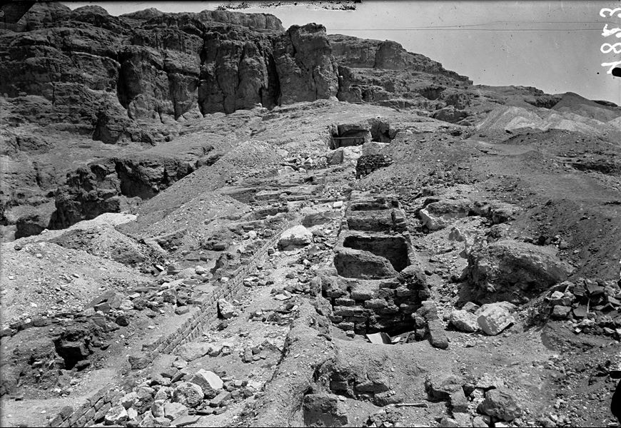 Tomb of Ibu, view of the ascending processional way. In the top section (near the tomb entrance) a winch is visible. It was probably used to remove the stone sarcophagus (from the tomb). Schiaparelli excavations.