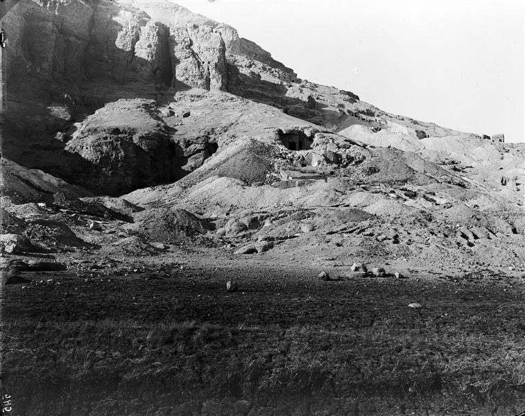 In the centre, view of the Tomb of Ibu. To the east (right) architectural remains of a tomb. Schiaparelli excavations.