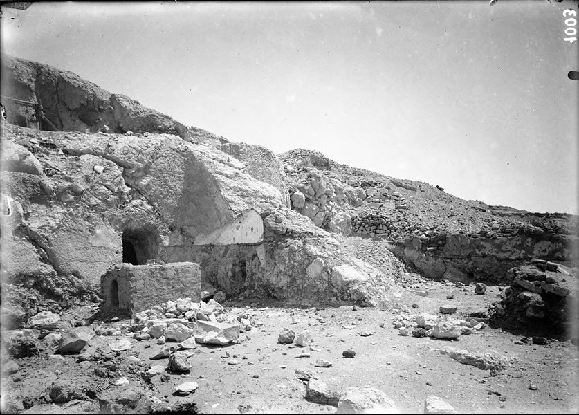 Tomb of Ibu, view from the lower courtyard. In the top section (near the tomb entrance) a winch is visible. It was probably used to remove the stone sarcophagus (from the tomb). Schiaparelli excavations.