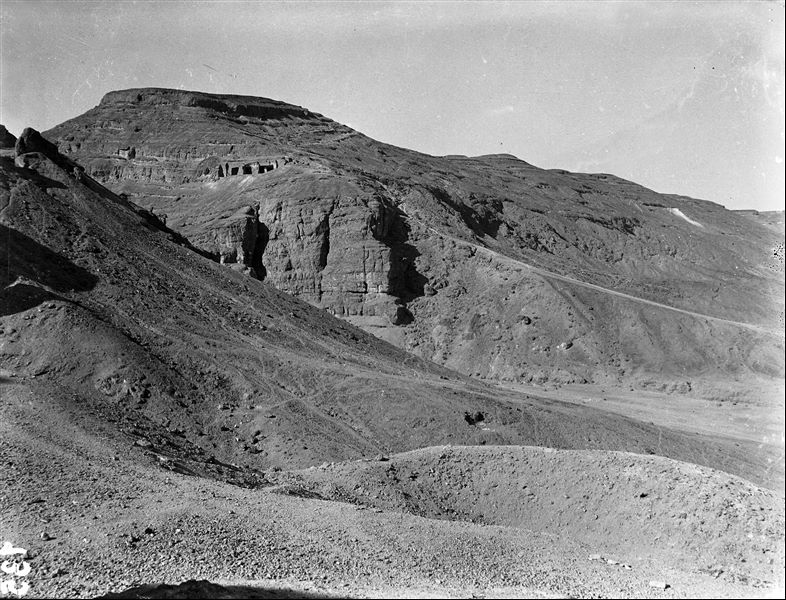 View of the stone quarries. Photograph presumably taken from the so-called pylon, just to the east (right) of the tomb of Wahka II. Schiaparelli excavations. 