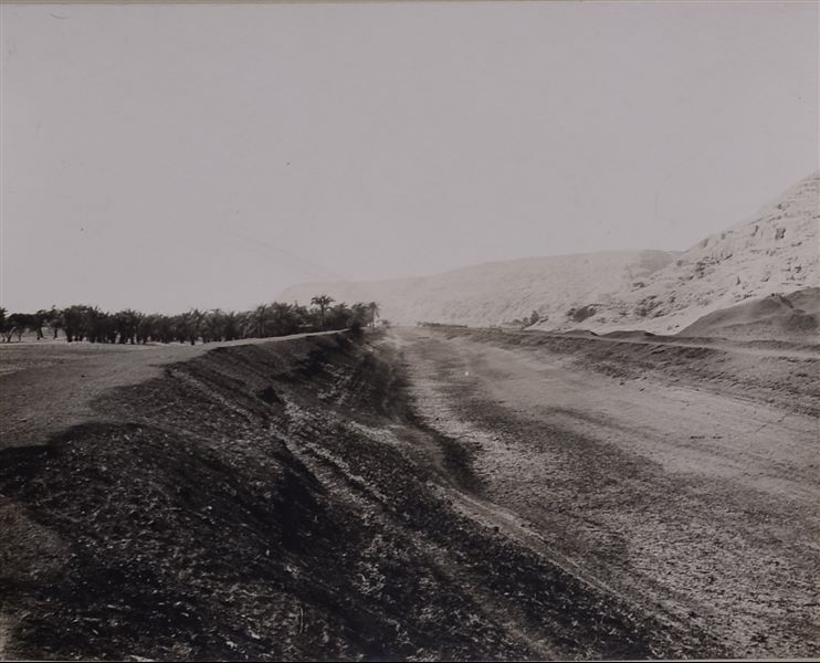 Veduta del “gran canale” prosciugato di Qau, nei pressi della montagna e della necropoli rupestre. Album fotografico, Scavi Schiaparelli.