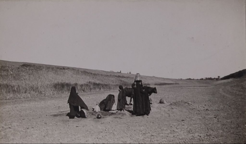 Some women dressed in dark clothes are photographed drawing water from a well in the dry bed of the so-called “grand canal” of Qau, near the archaeological site of Qau el-Kebir. In addition to the women, two bovines are visible. Photo album, Schiaparelli excavations.