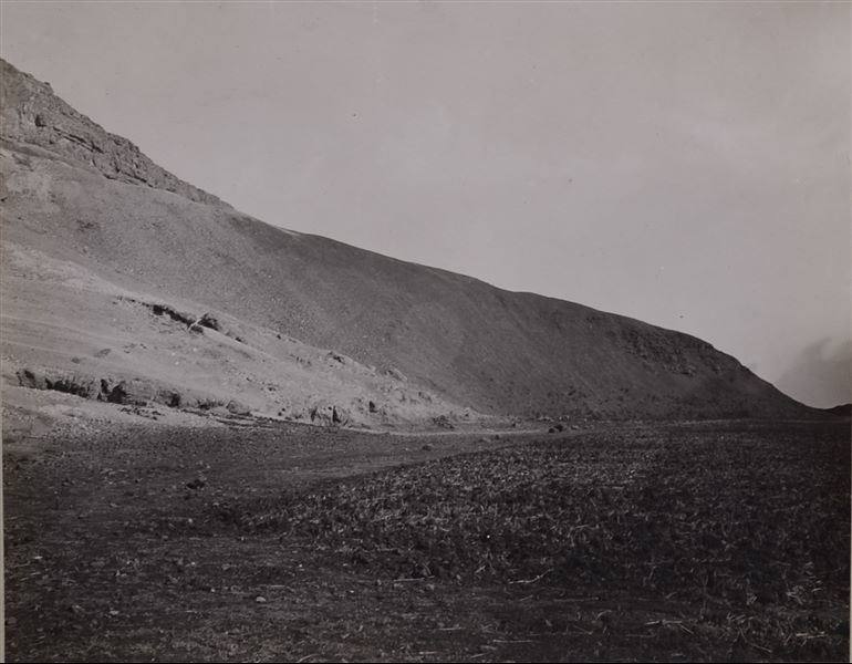 Photograph as evidence of the former presence of a dam or wall built by Amenhotep III, although in this shot there are no clear elements for its identification (original caption: Remains of a gigantic wall built with mud bricks under Amenhotep III), near the archaeological site of Qau el-Kebir. Photo album, Schiaparelli Excavations.