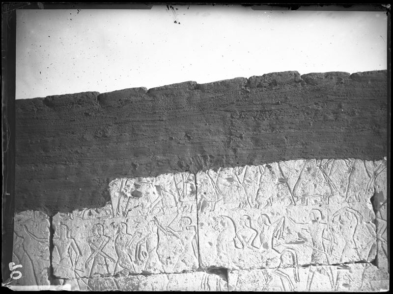 External wall (north and west) from the temple of Ramesses II at Abydos, scenes from the battle of Kadesh, rows of prisoners marching.  