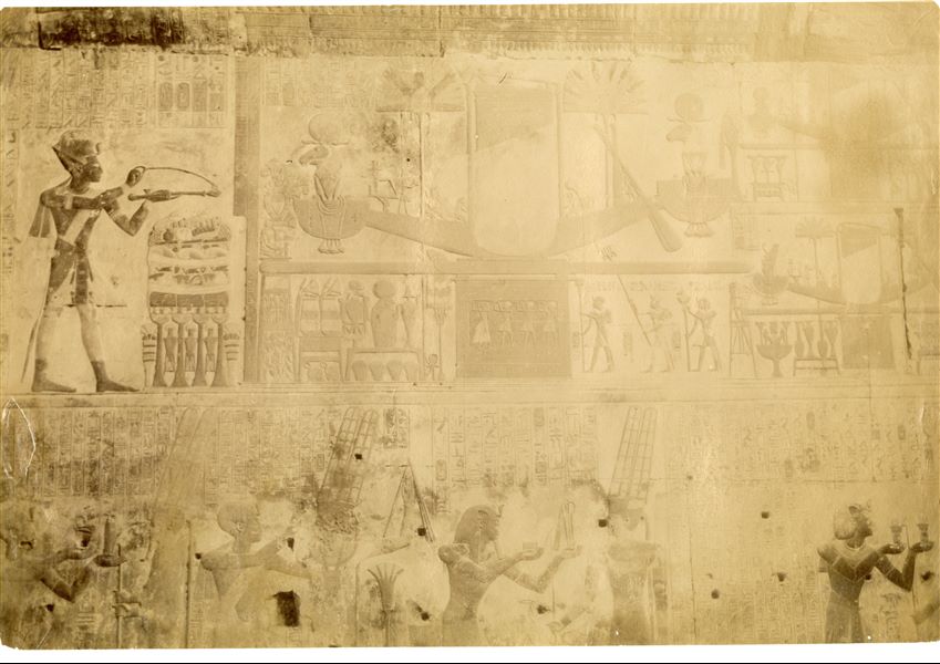 Detail from the scenes decorating the chapel of the Sacred Boat of Amun-Re in the Temple of Seti I at Abydos. The pharaoh is depicted during different stages of ritual to honour the Theban god. The photograph is attributable to Antonio Beato.  