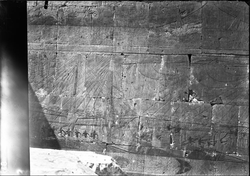 South side of the mortuary temple of Queen Hatshepsut at Deir el-Bahari. Wall scene from the portico in the middle terrace displaying the Egyptian fleet arriving at Punt.