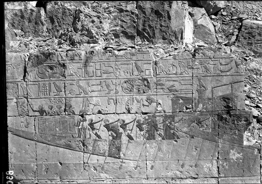 Shrine to Hathor, hypostyle hall, north wall of the mortuary temple of Hatshepsut at Deir el-Bahari. A number of boats (two can be seen in this photograph) carrying the emblems of the goddess Hathor and Queen Hatshepsut towards the shrine.