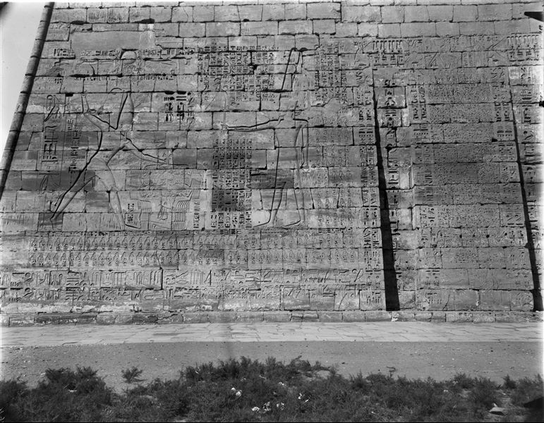 South side view, the first pylon’s external facade from the temple of Ramesses III. 