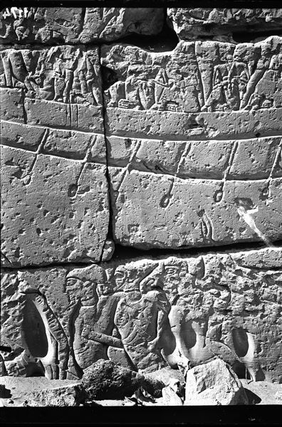 North wall, external facade from the temple of Ramesses III.  Detail of the naval battle scene between Ramesses III and the Sea Peoples. 